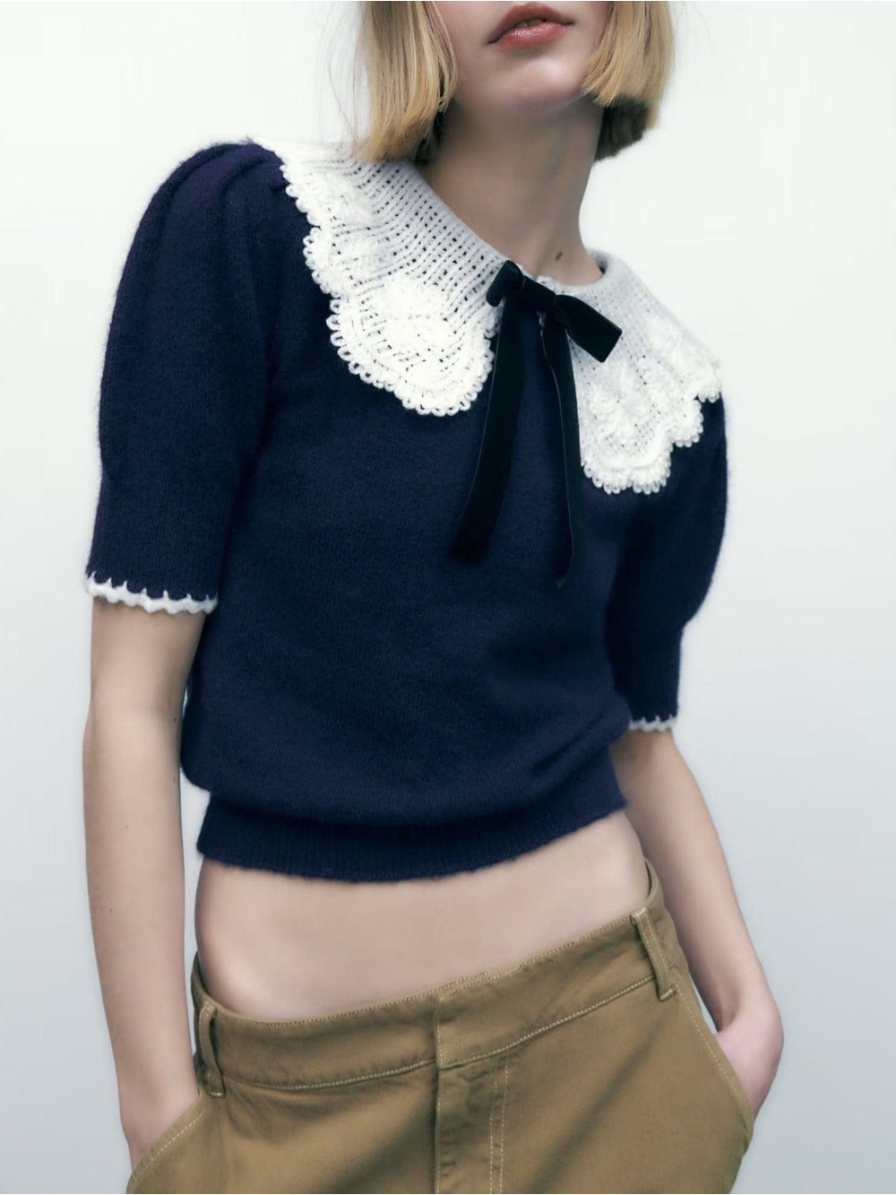 Zara Peter Pan Crochet Collar Knit Sweater Blue/White Size Medium